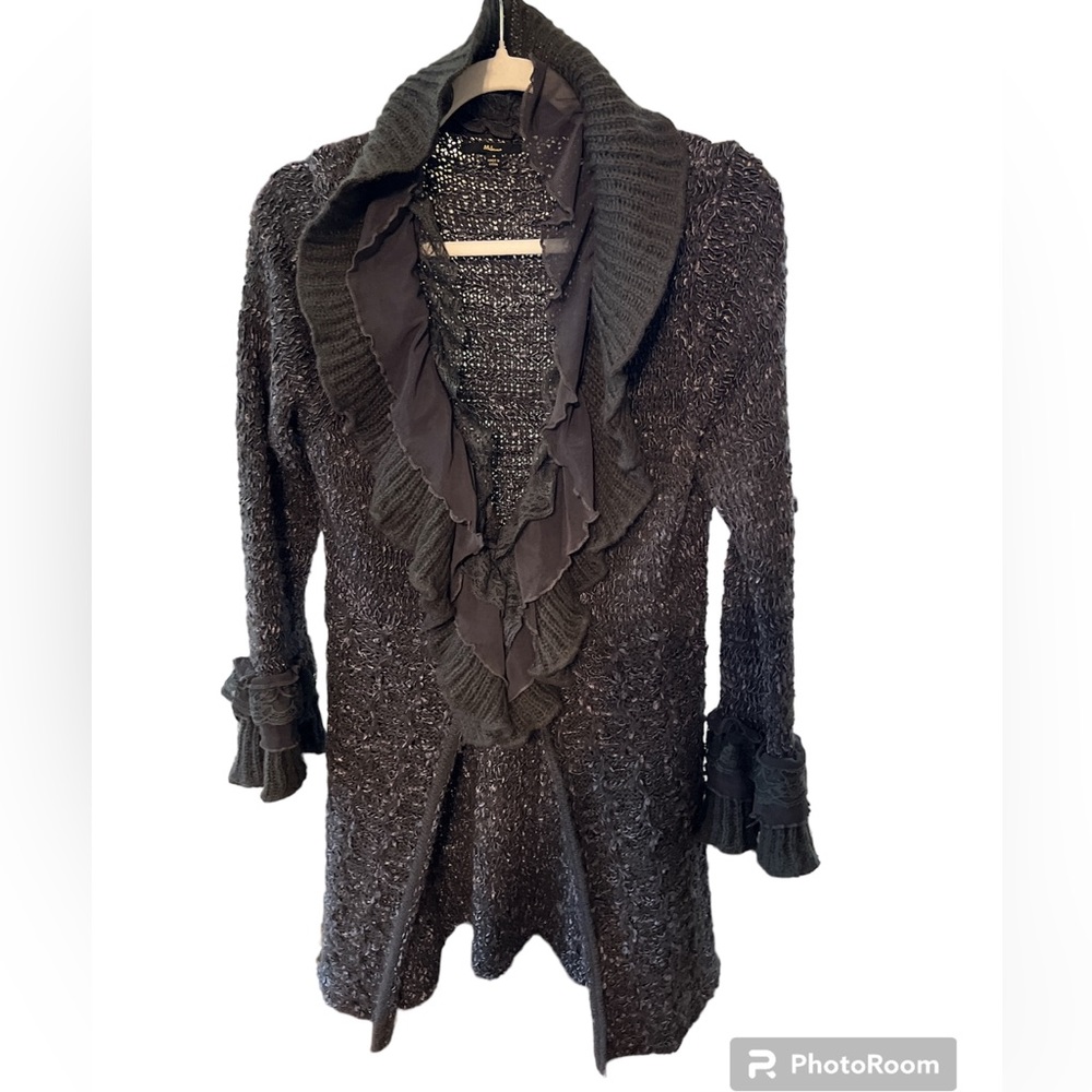 Y2K Milano Duster Wool Blend Lace Ruffle Cowl Neck Chic Knit Sweater